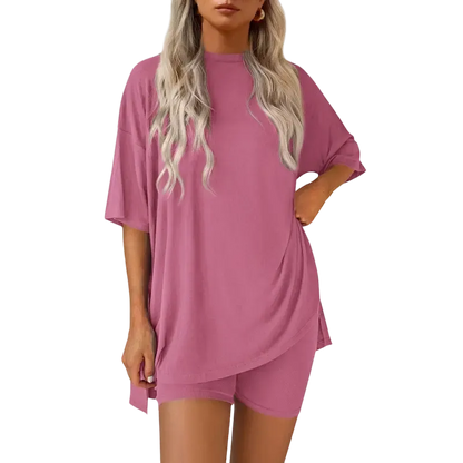 Women's two-piece set: slit-hem shirt paired with shorts