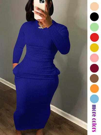 Women's Solid Pocket Long Sleeve Bodycon Dress