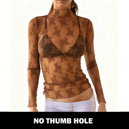 Women‘s Mesh Tops Lace Spring Long Sleeve Shirts