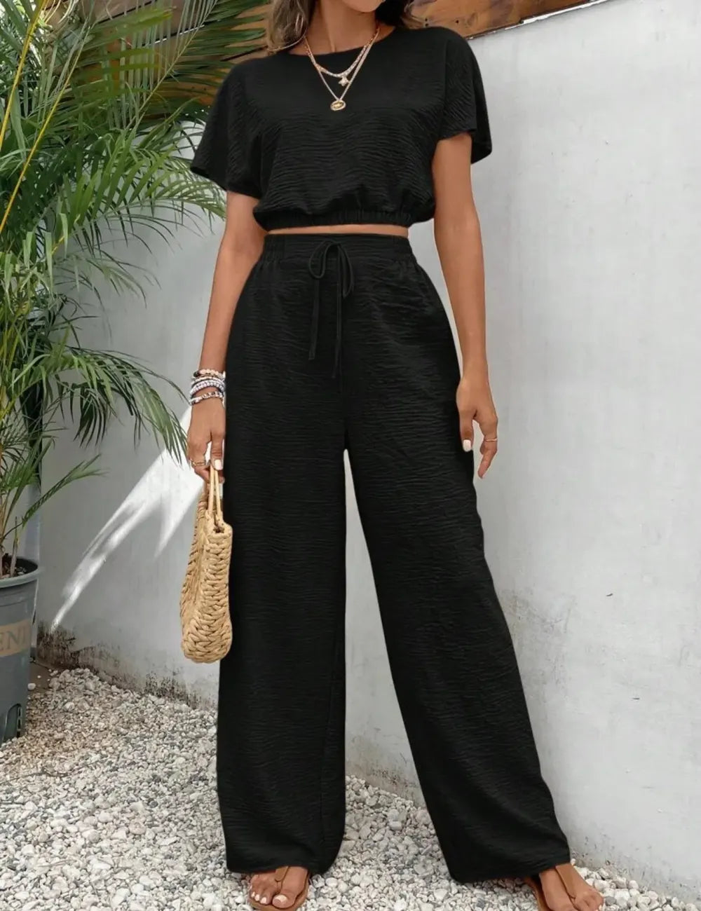 Women's Solid Color Top & Wide Leg Pants Two-piece