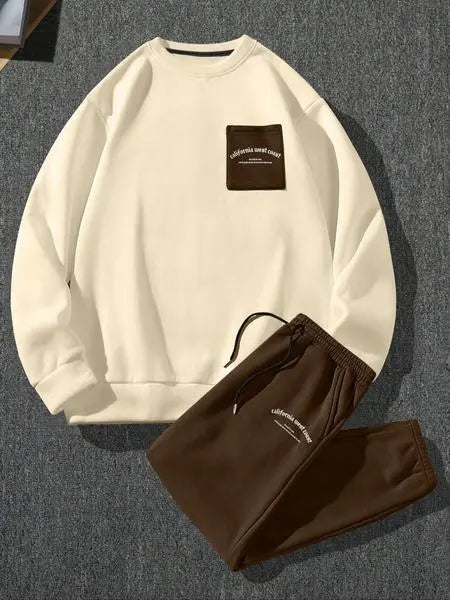 Two-Piece Set Men's Patchwork Drop Shoulder Pocket Sweatshirt & Letter Print Drawstring Sweatpants