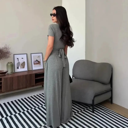 V Neck Wrap Top & High Waist Wide Leg Pants Set