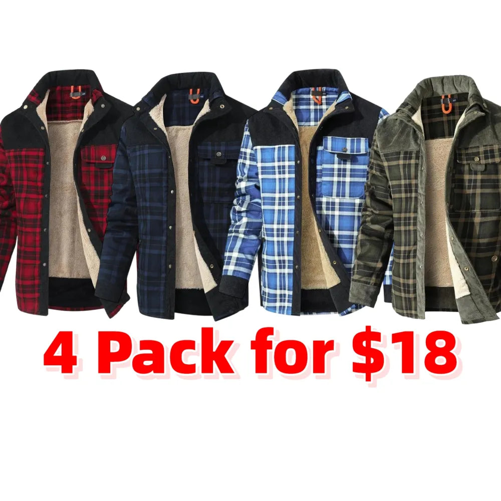 Men's Corduroy Plaid Sherpa Lined Flannel Shirt Jacket Fleece Coat