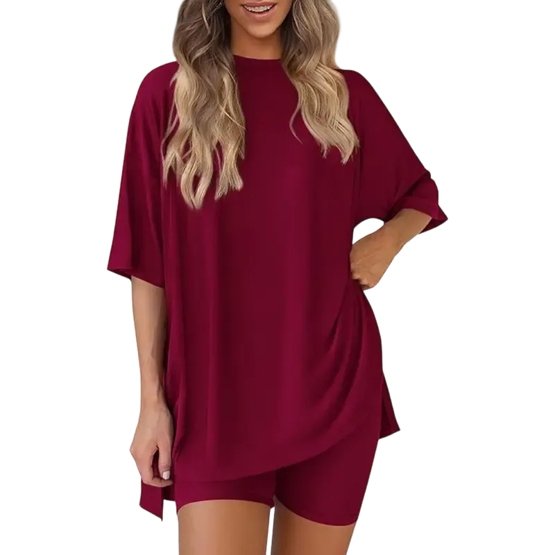 Women's two-piece set: slit-hem shirt paired with shorts