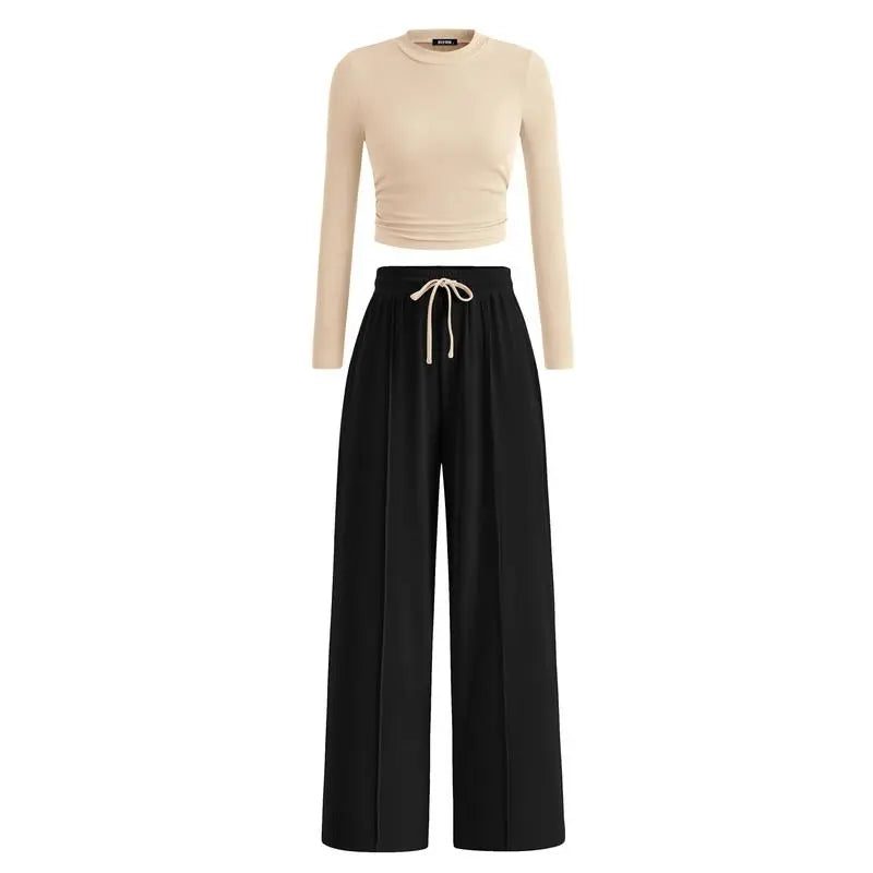 ✨2-Piece Ribbed Knit Long Sleeve Crop Top Wide Leg Pants Lounge Set🔥
