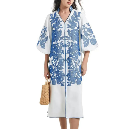 Women Casual V-Neck Mid Dress Floral Embroidery 3/4 Sleeves