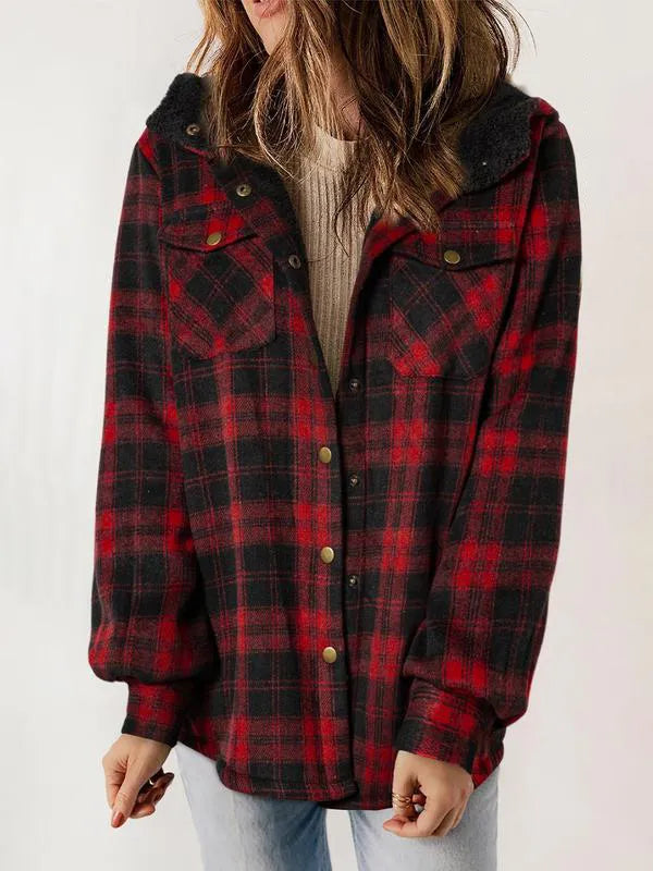 Women's Plaid / Houndstooth Print Button Front Hooded Coat