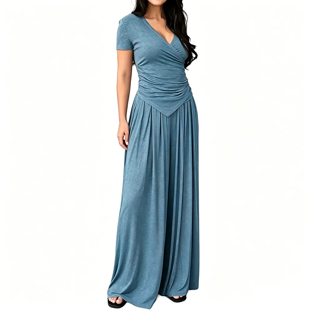 V Neck Wrap Top & High Waist Wide Leg Pants Set