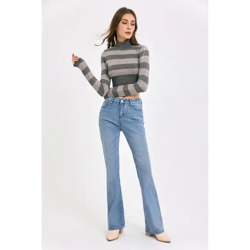 Women‘s High Waisted Flare Stretch Boyfriend Casual Denim Pants