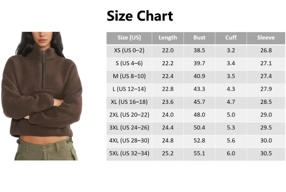 Women’s Fleece Cropped Pullover – Half Zip Sherpa Jacket with Pockets