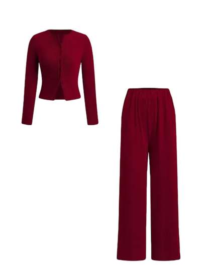 Two-piece Set Women's Solid Button Front Ribbed Crop Top & Elastic Waist Pants