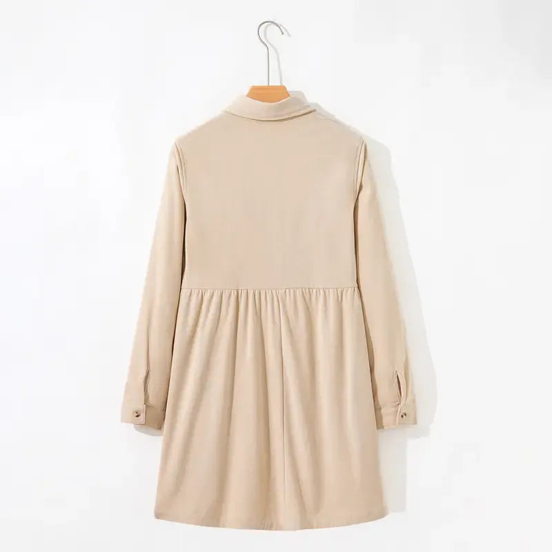 Women's Corduroy Half Button Collared Mini Dress with Pocket