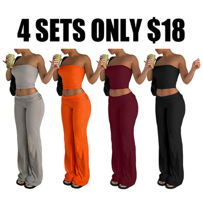 A two-piece set consisting of a cropped bandeau top and wide-leg pants.