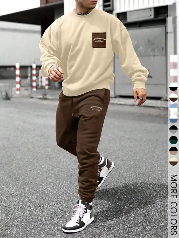 Two-Piece Set Men's Patchwork Drop Shoulder Pocket Sweatshirt & Letter Print Drawstring Sweatpants