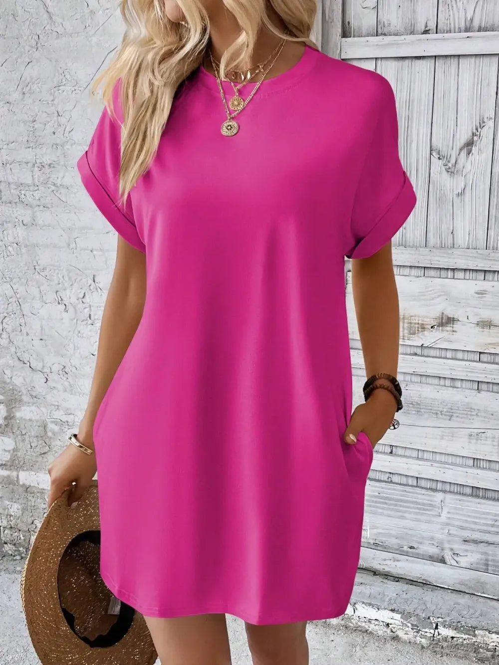 Women's Plain Pocket Batwing Sleeve Tee Dress