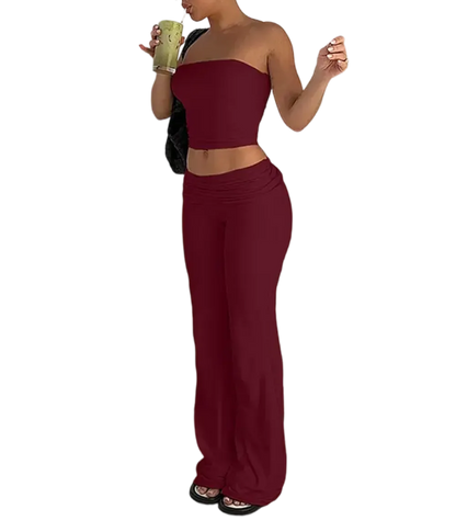 A two-piece set consisting of a cropped bandeau top and wide-leg pants.