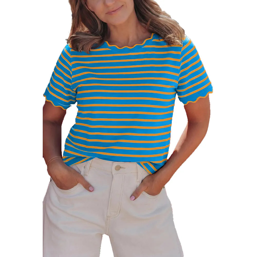 Women's Top Stripe Scalloped Trim Round Neck T Shirt