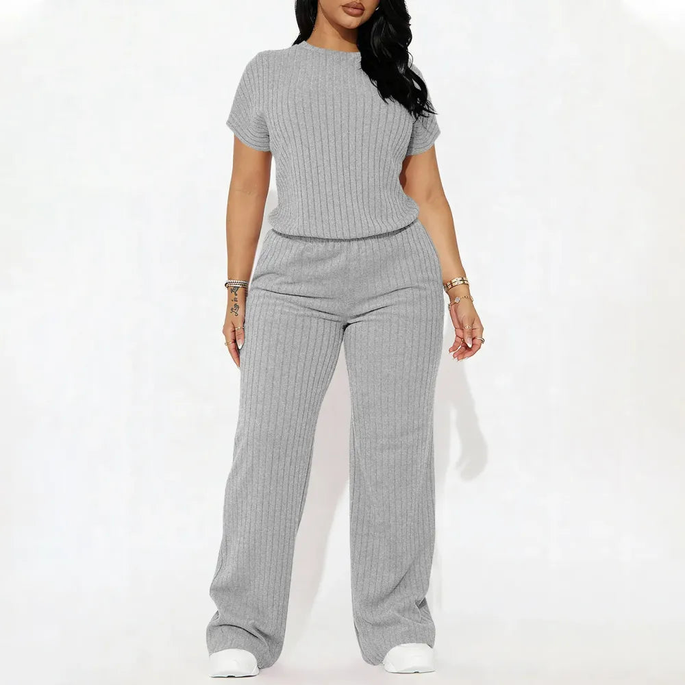 Women's Solid Shortsleeve Crewneck Ribbed Top & Wide Leg Pants