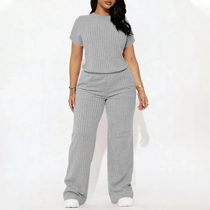 Women's Solid Shortsleeve Crewneck Ribbed Top & Wide Leg Pants