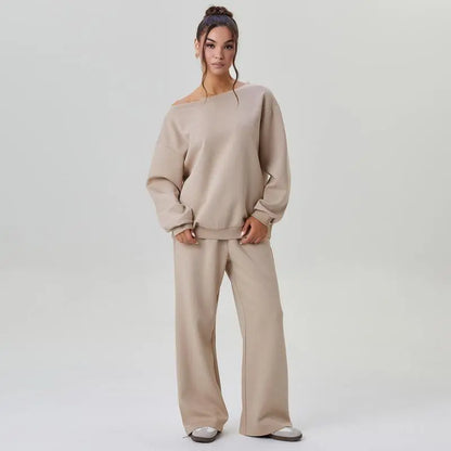Women's Leisure Solid Color Sloping Shoulder Long Sleeve Top & Wide Leg Trousers Co-ord