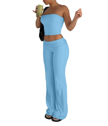 A two-piece set consisting of a cropped bandeau top and wide-leg pants.
