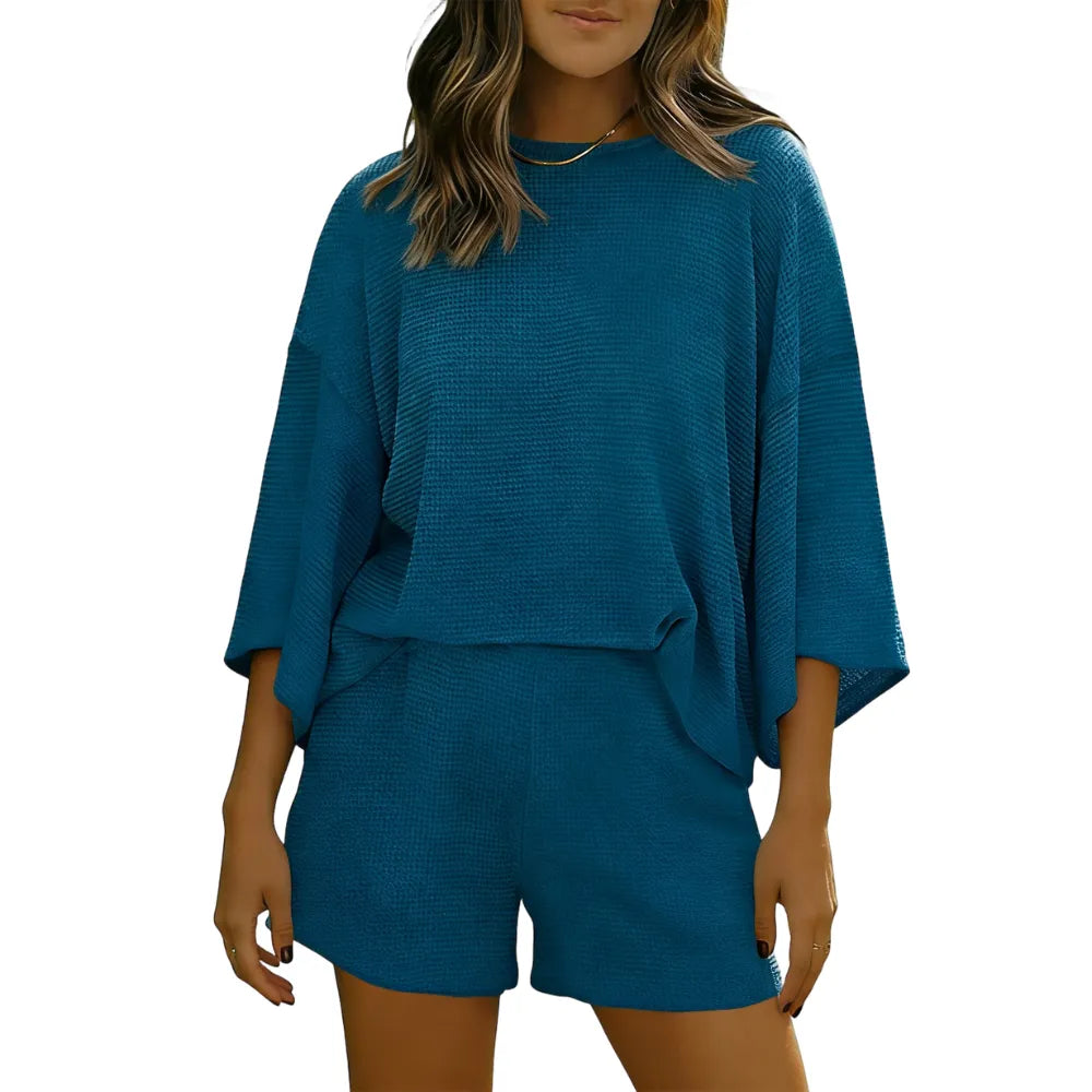 Womens Short Sets 2 Piece Sleeve Tops and Elastic Waist Shorts