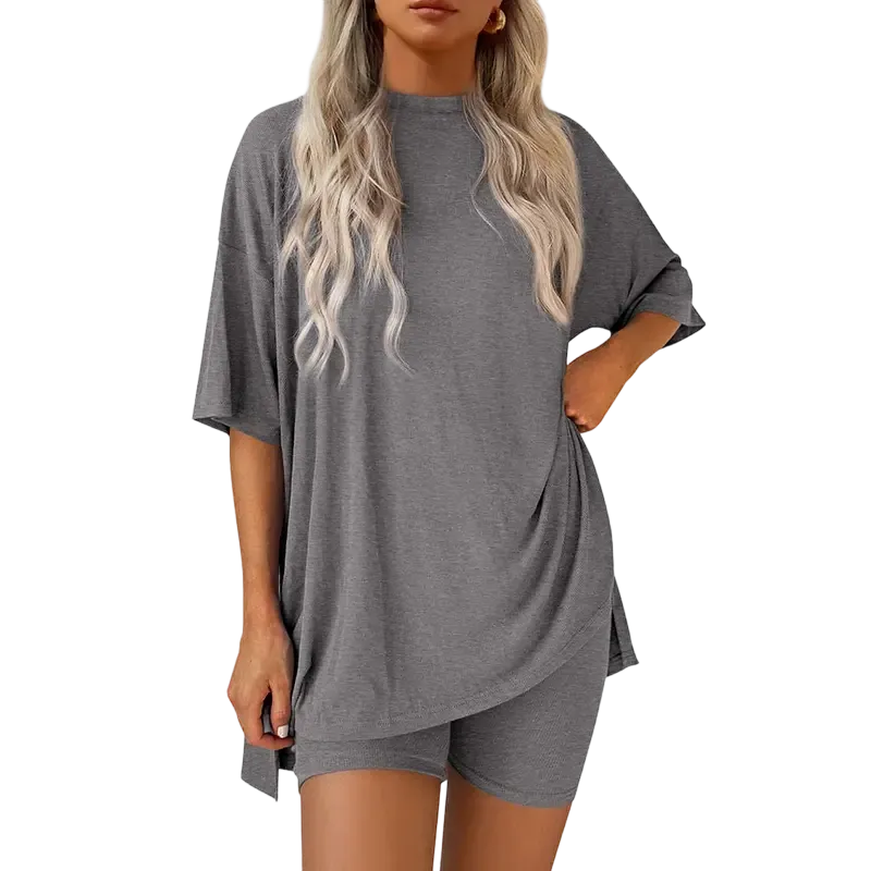 Women's two-piece set: slit-hem shirt paired with shorts