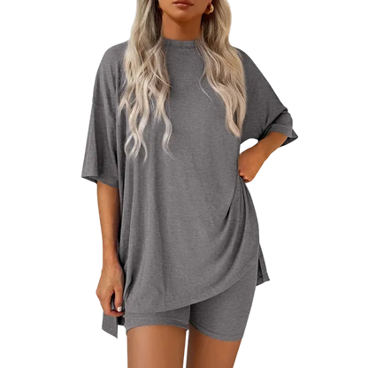 Women's two-piece set: slit-hem shirt paired with shorts