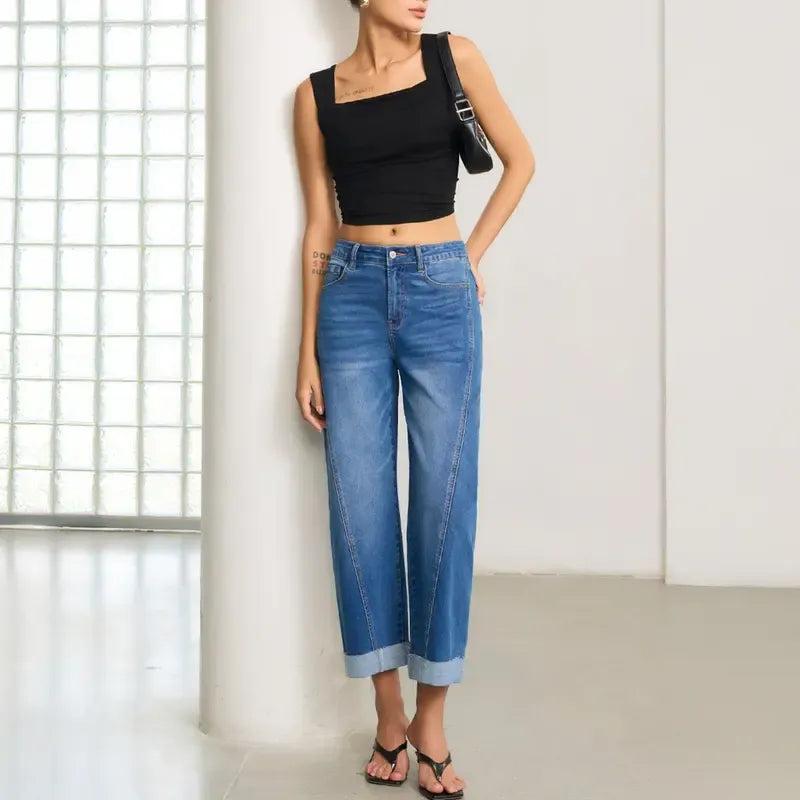 Women's High Waisted Wide Leg Cropped Denim Jeans