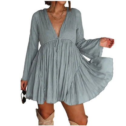 Women's V Neck Long Sleeve Mini Dress