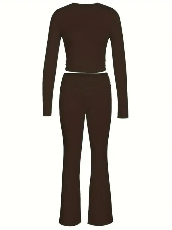 Women's Solid Long Sleeve Crop Tee & Flare Leg Skinny Pants Loungewear Set