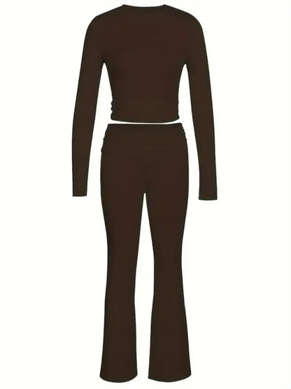 Women's Solid Long Sleeve Crop Tee & Flare Leg Skinny Pants Loungewear Set