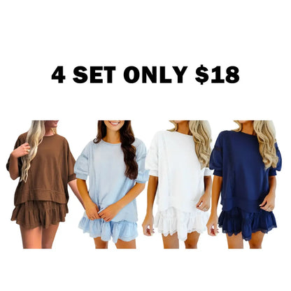 Women's 2 Piece Cotton Lace Trim Outfit Set