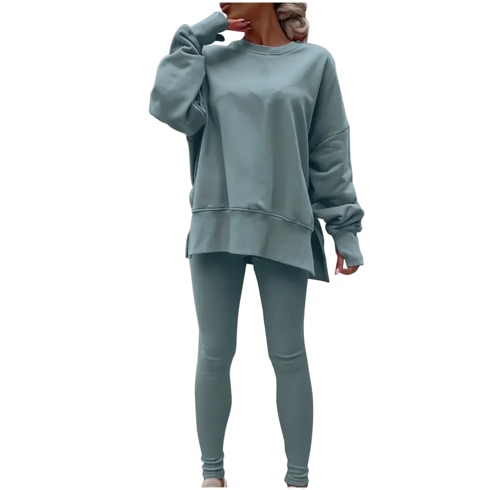 Women's Fashionable Solid Color Casual Long Sleeved Round Neck Hoodie Top Stripe Pants Set