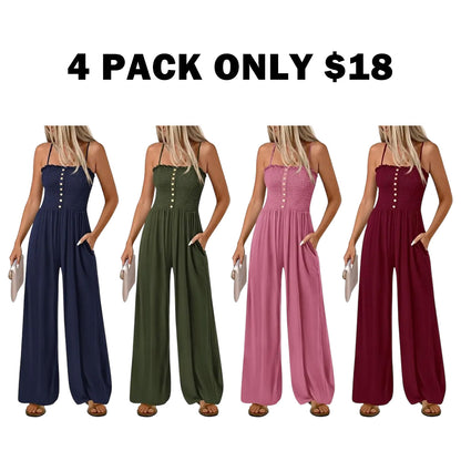 Jumpsuits for Women Summer Sleeveless Smocked Button Wide Leg Rompers