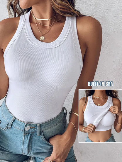 Round Neck Built-in Bra Ribbed Tank Top/Ribbed Built-in Bra Tank Top