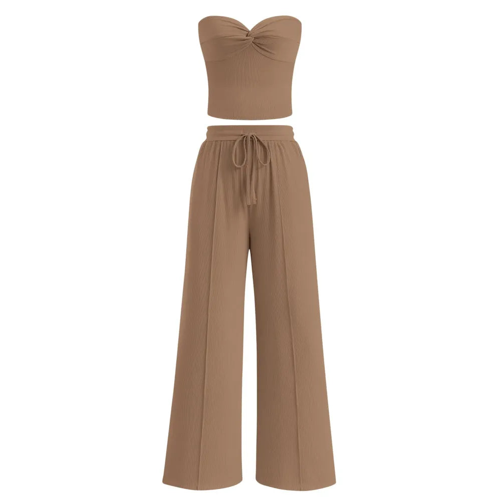 Women Summer Ribbed Strapless Twist Knot Tube Top Pants Set