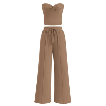 Women Summer Ribbed Strapless Twist Knot Tube Top Pants Set