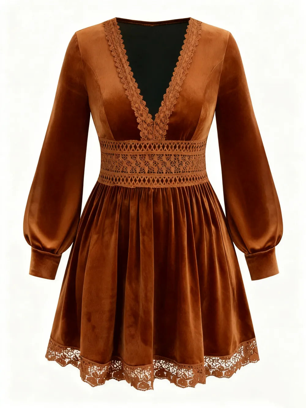 Velvet Lace Patchwork Lantern Sleeve Long Dress