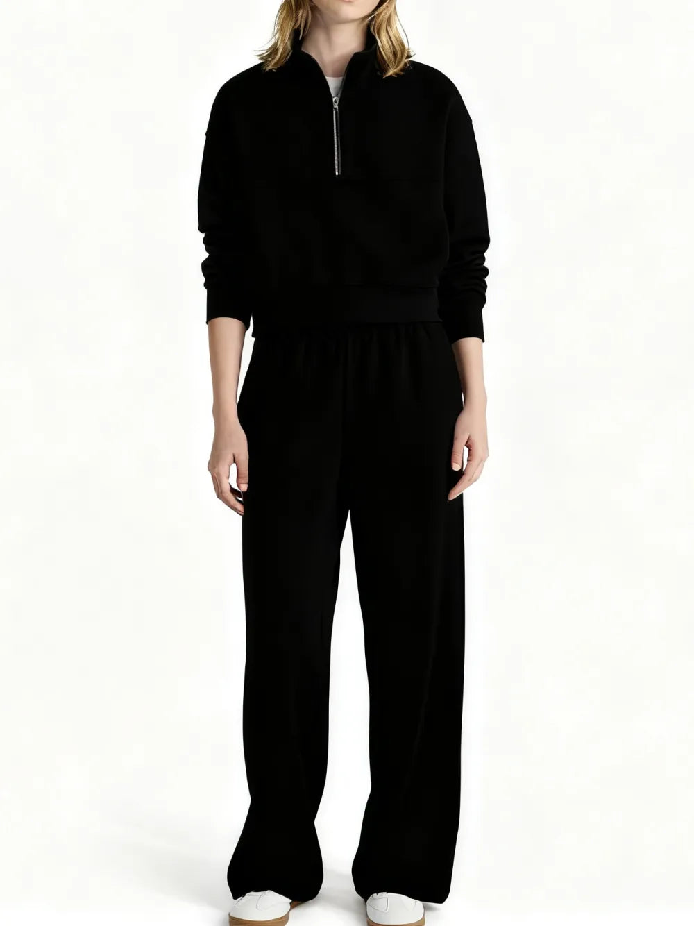 Fleece Half Zip Pullover & Cargo Wide-Leg Pants 2-Piece Set