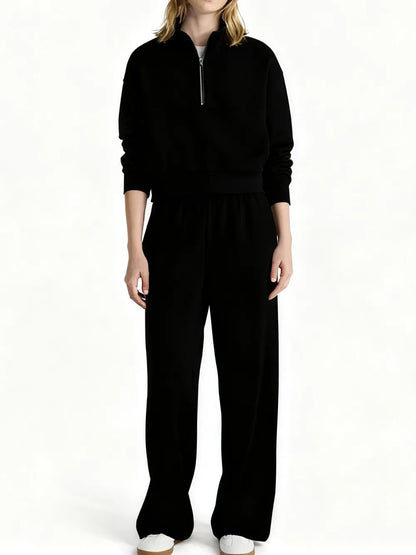 Fleece Half Zip Pullover & Cargo Wide-Leg Pants 2-Piece Set