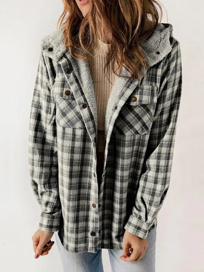 Women's Plaid / Houndstooth Print Button Front Hooded Coat