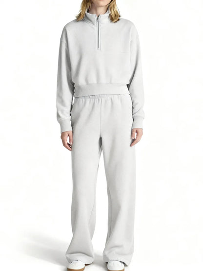 Fleece Half Zip Pullover & Cargo Wide-Leg Pants 2-Piece Set
