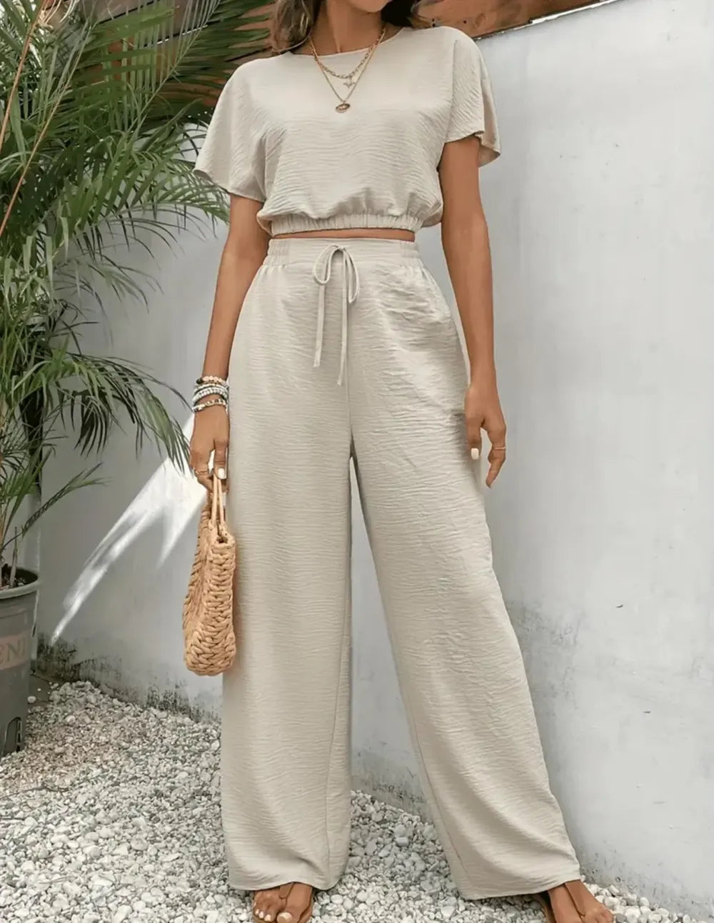 Women's Solid Color Top & Wide Leg Pants Two-piece