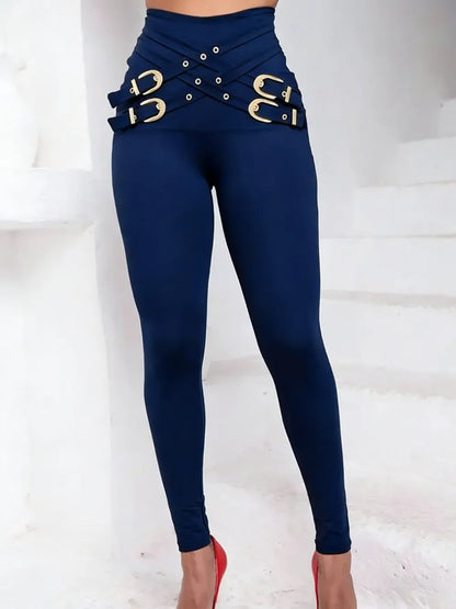 Women's Criss Cross Metal Buckle Decor High Waist Rise Leggings