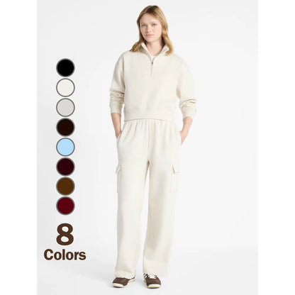 Fleece Half Zip Pullover & Cargo Wide-Leg Pants 2-Piece Set