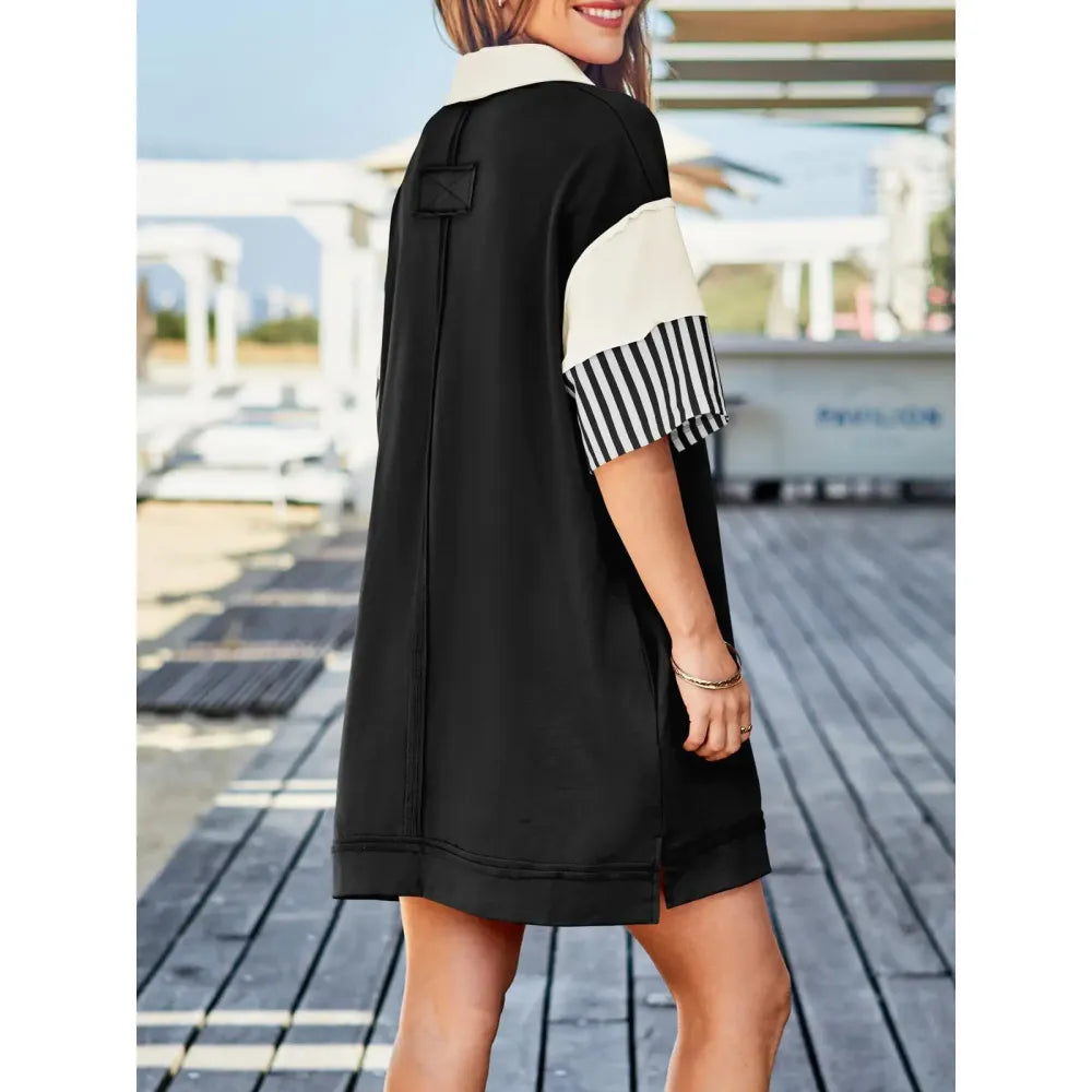 V Neck Summer Color Block Short Sleeve Mini Dress