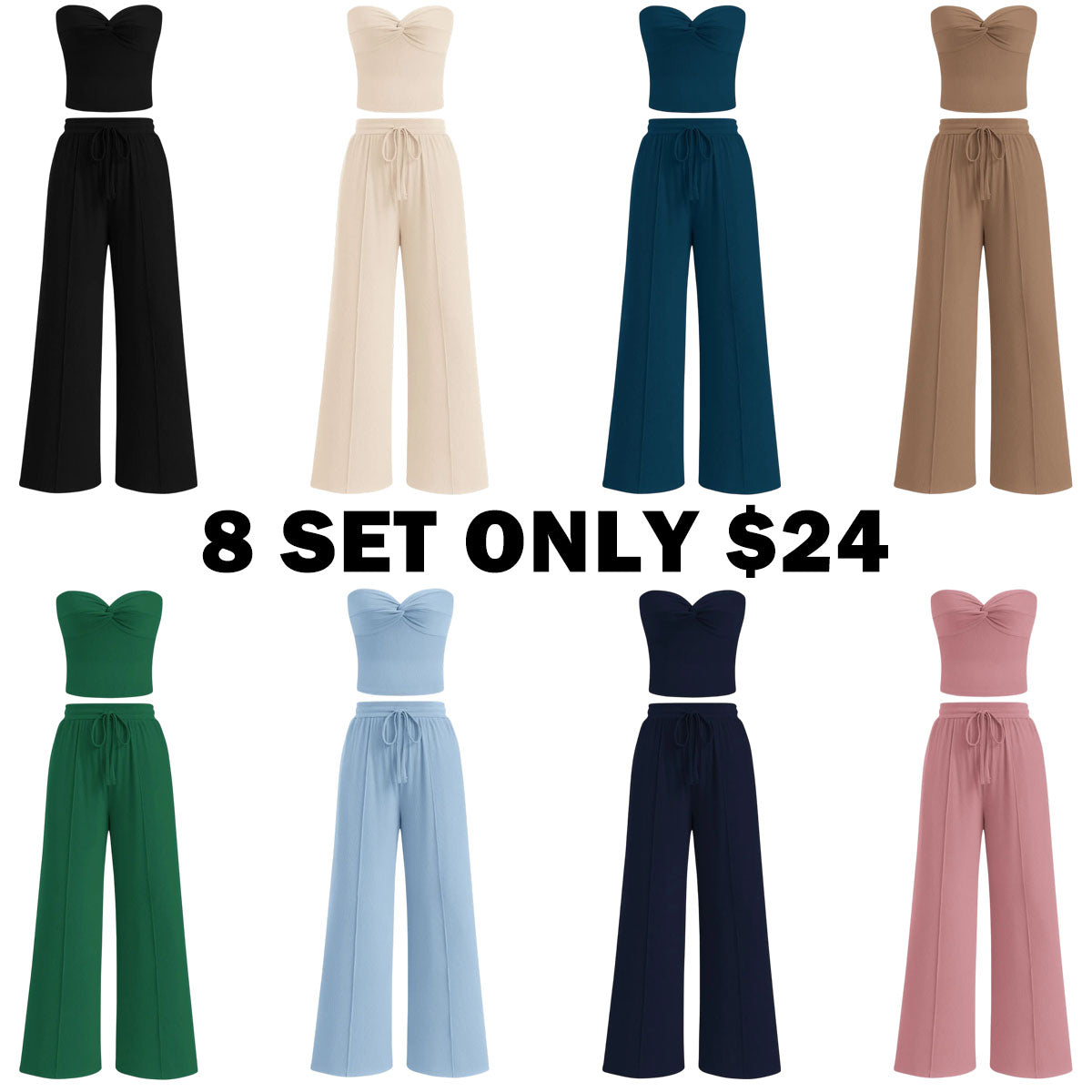 Women Summer Ribbed Strapless Twist Knot Tube Top Pants Set