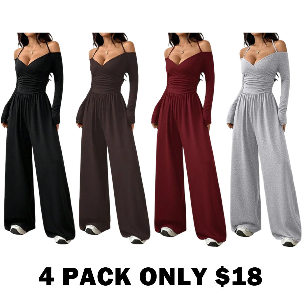 Women's Solid Color Off-Shoulder Ruched Wide Leg Casual Jumpsuit