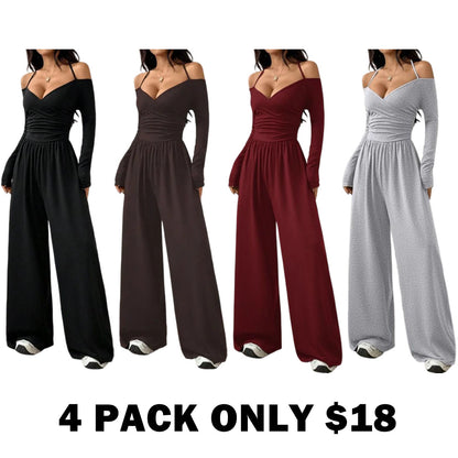 Women's Solid Color Off-Shoulder Ruched Wide Leg Casual Jumpsuit